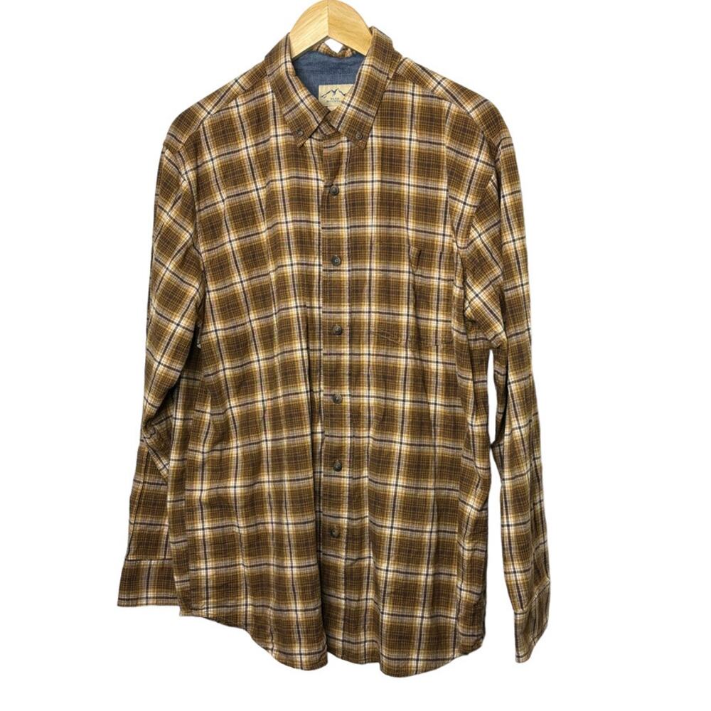 Blue Mountain Brown Plaid Long Sleeve Button-Up Shirt Men's Large 100% Cotton